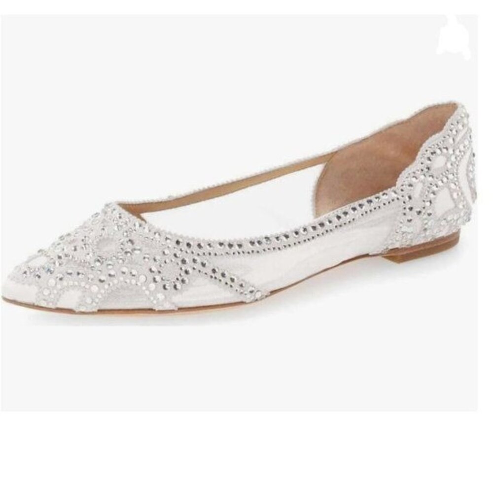 XYD White Pointed Toe Rhinestone Flats Mesh Slip On Low Heel Crystal Shoes